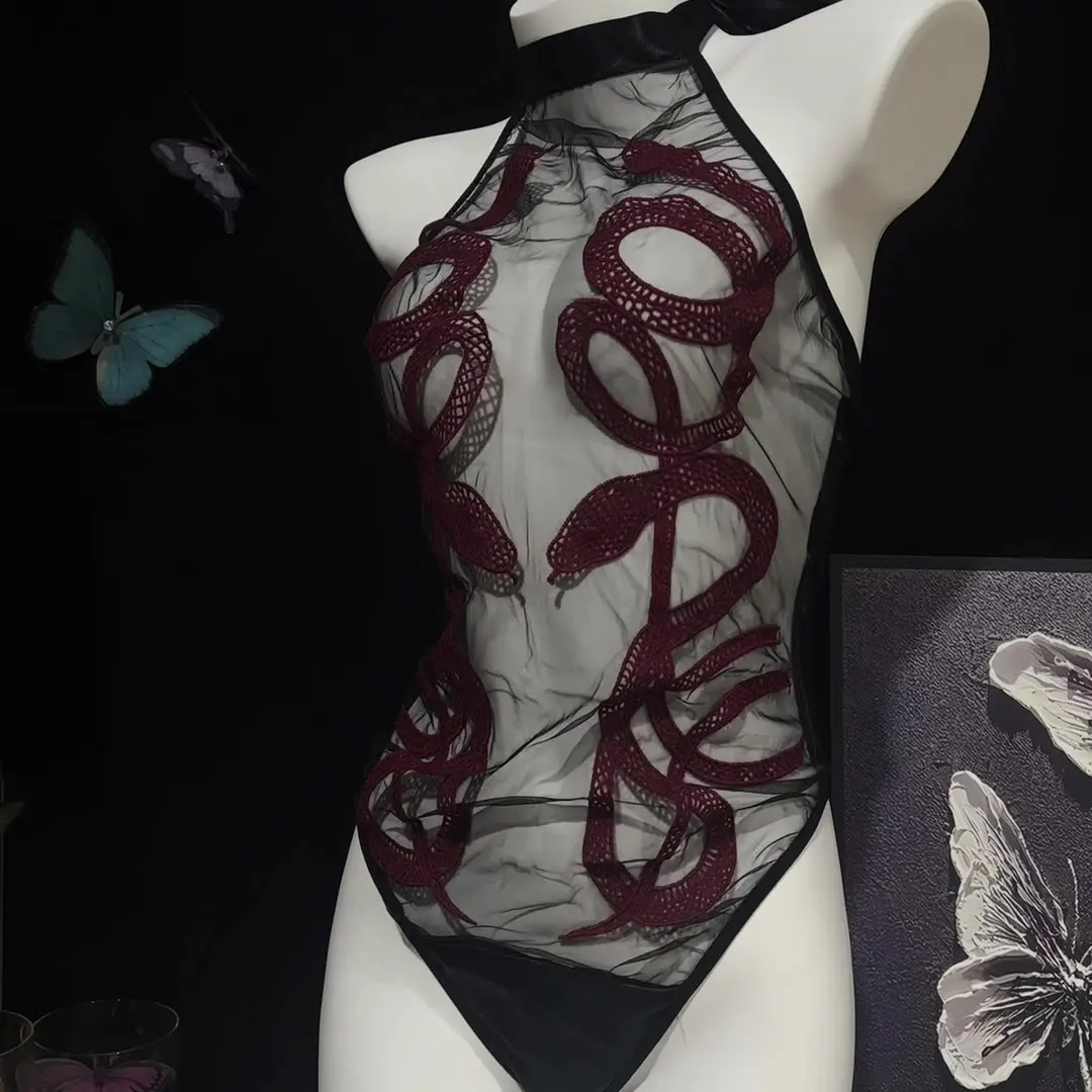 

369bibi Women's Sexy Sheer Mesh Lingerie Set - Snake Year Embroidery Bodystocking, Ultra-Thin Sleepwear Daring Hot To Catch