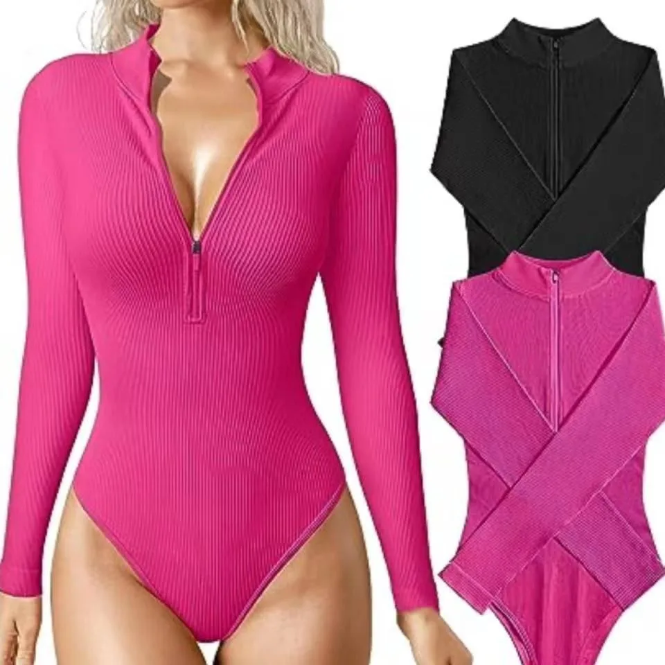 Women Tops Long Sleeve Bodysuit Sexy Ribbed One Piece Fashion Front Zipper Long Sleeve Slimming Top Bodysuit for Female Y2K