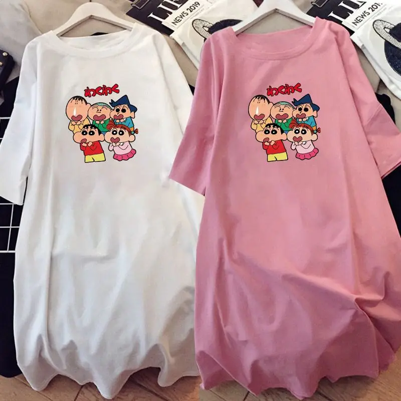Summer Women's Large Size Nightgown Cartoon Crayon Shin-Chann Pajamas Kawaii Female Thin Loose Casual Short Sleeve Night Dress