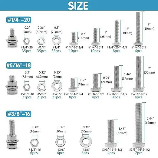 246pcs 304 Stainless Steel US Hex Bolts, Flange Nuts & Washers Assortment Kit Box Set