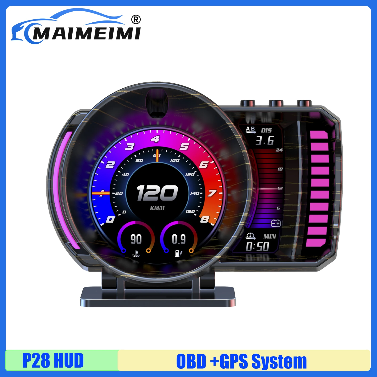 P28 Car HUD OBD+GPS Head Up Display Turbine Pressure Fuel Consumption Water Temp Voltage Clock Air Fuel Ratio RPM Speed Alarm