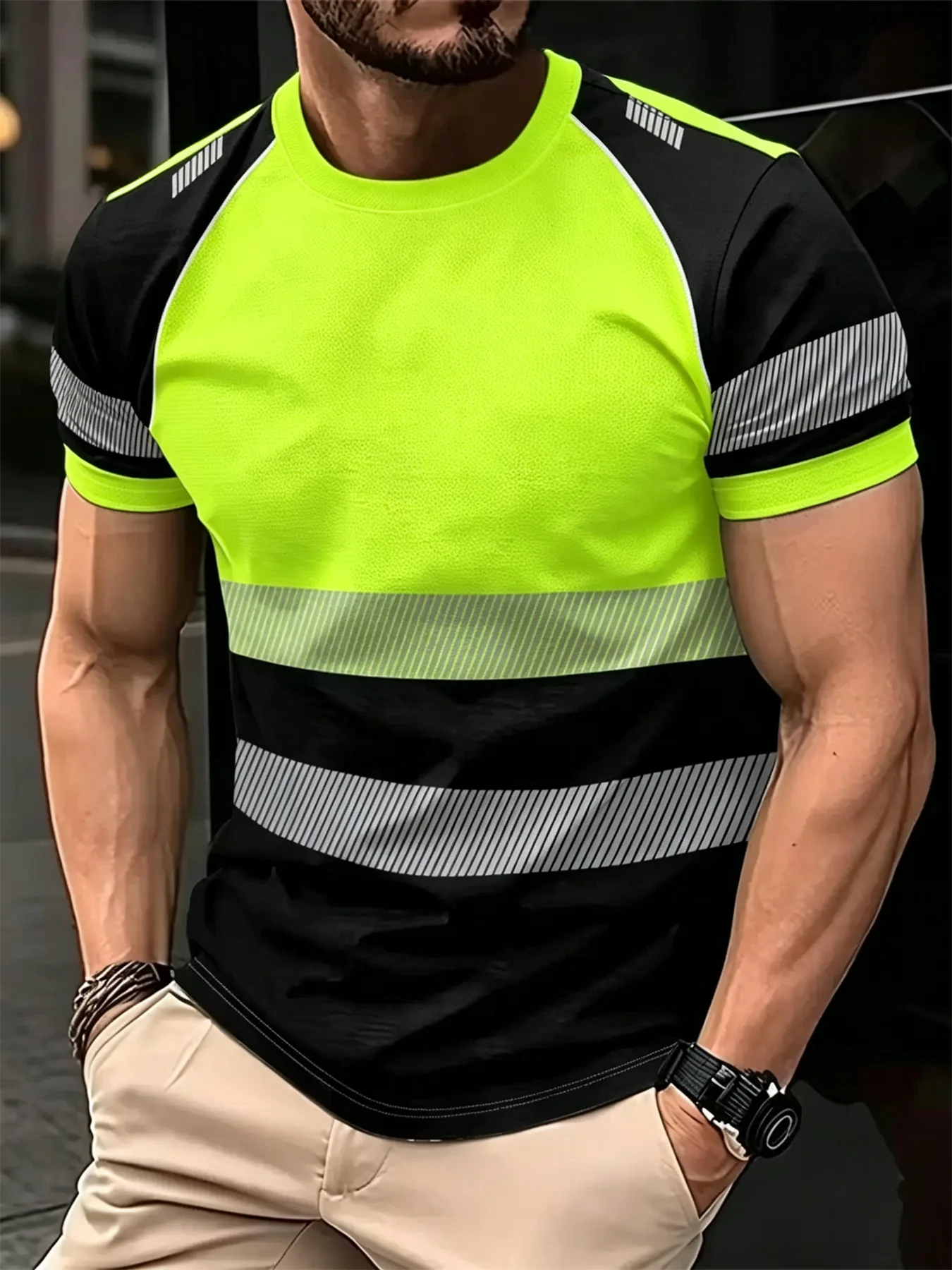 Men 3D Printed Striped Color Block T‑Shirt Short Sleeve Crew Neck Quick Dry Casual Sports Fashion Simulation Graphic Tee Top
