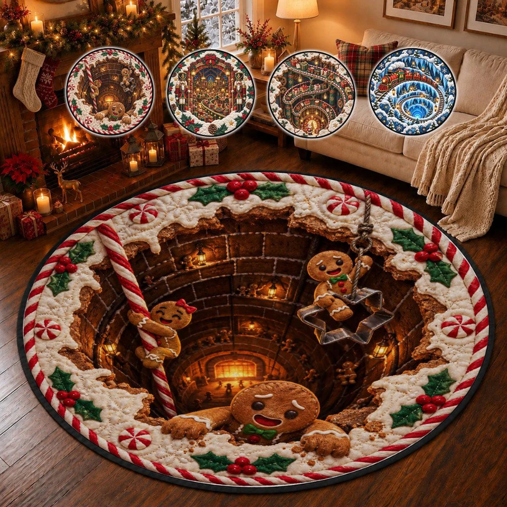 Winter Christmas Snow Village Round Rug Spiral Stairs Area Rug Gorgeous Living Room Bedroom Entryway Ground Floor Mat Present