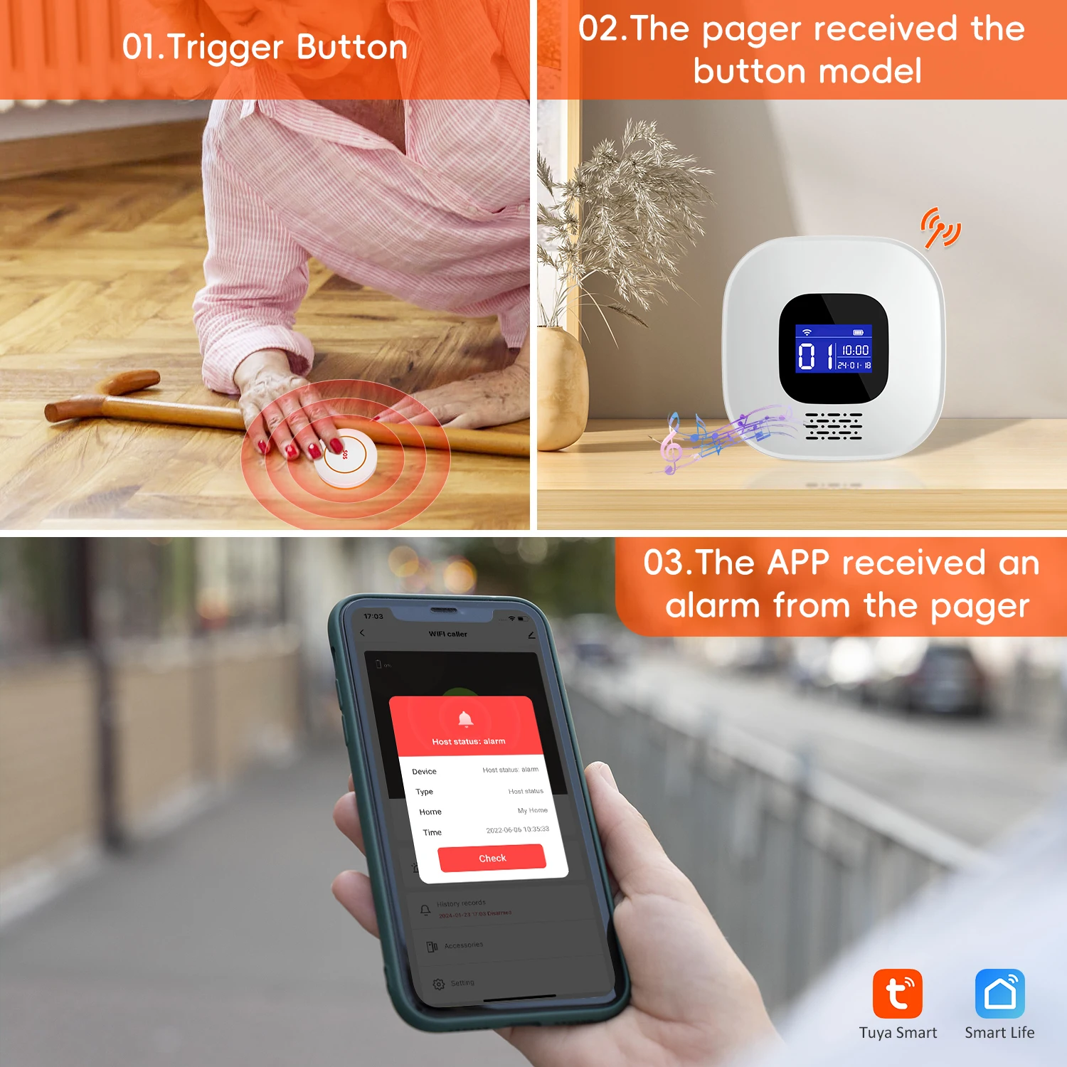 Draagbare Smart Tuya Alarm Oproep Bel Verzorger Pager Draadloze WIFI Verpleegkundige Belknoppen voor Ouderen Monitoring SOS Alert Systeem