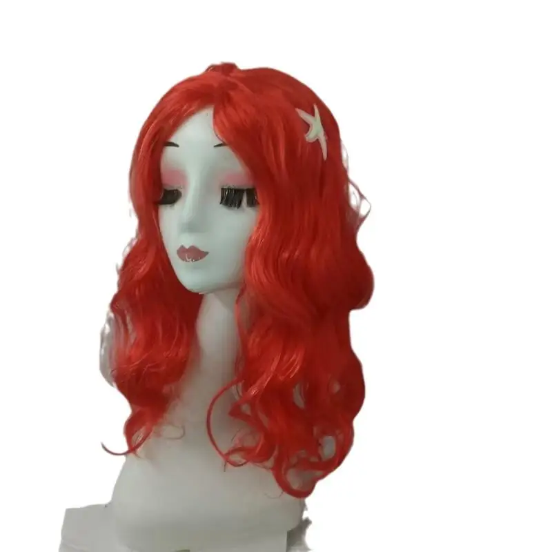 Little Mermaid Ariel Princess Girl Wig Accessories Halloween Carnival Party Kids Anime Red Wig with Starfish Cosplay Dress UP