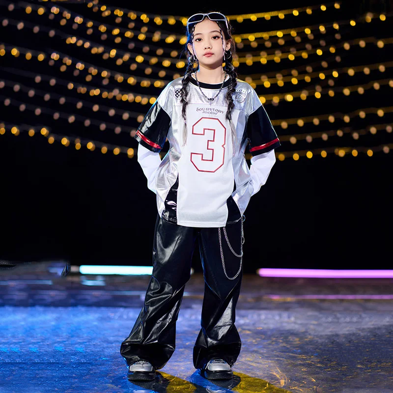 طفل الجاز ملابس رقص الحديثة لفتاة رقم 3 طباعة قصيرة الأكمام بلايز جلدية السراويل السوداء دعوى الأولاد الهيب هوب ملابس الرقص مجموعة