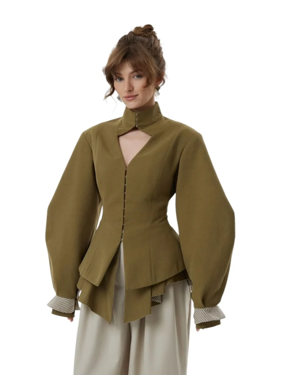 DFDG 2026 Women Stand Collar Cutout Blouse Lantern Sleeve Zip Front Waist Cinched Irregular Ruffle Hem Elegant Slim Shirt Jacket