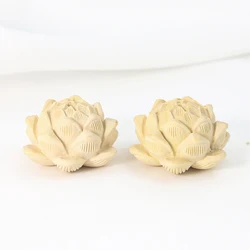 2PCS Natural Boxwood Lotus Carving Bead Pendant Charm Loose Spacer Beads for DIY Jewelry Making Car Hanging Keychain Supplies