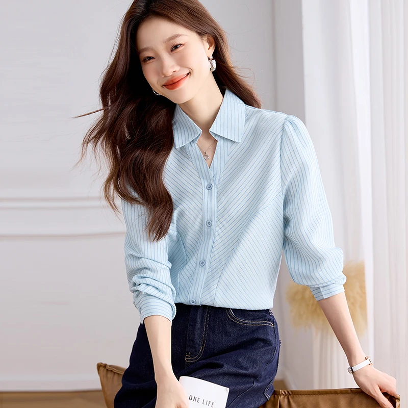 2025 Spring Autumn Women Blouse Lapel Stripe Women's Clothing Fashion Single Breasted Long Sleeves Blouses Straight Women Shirts