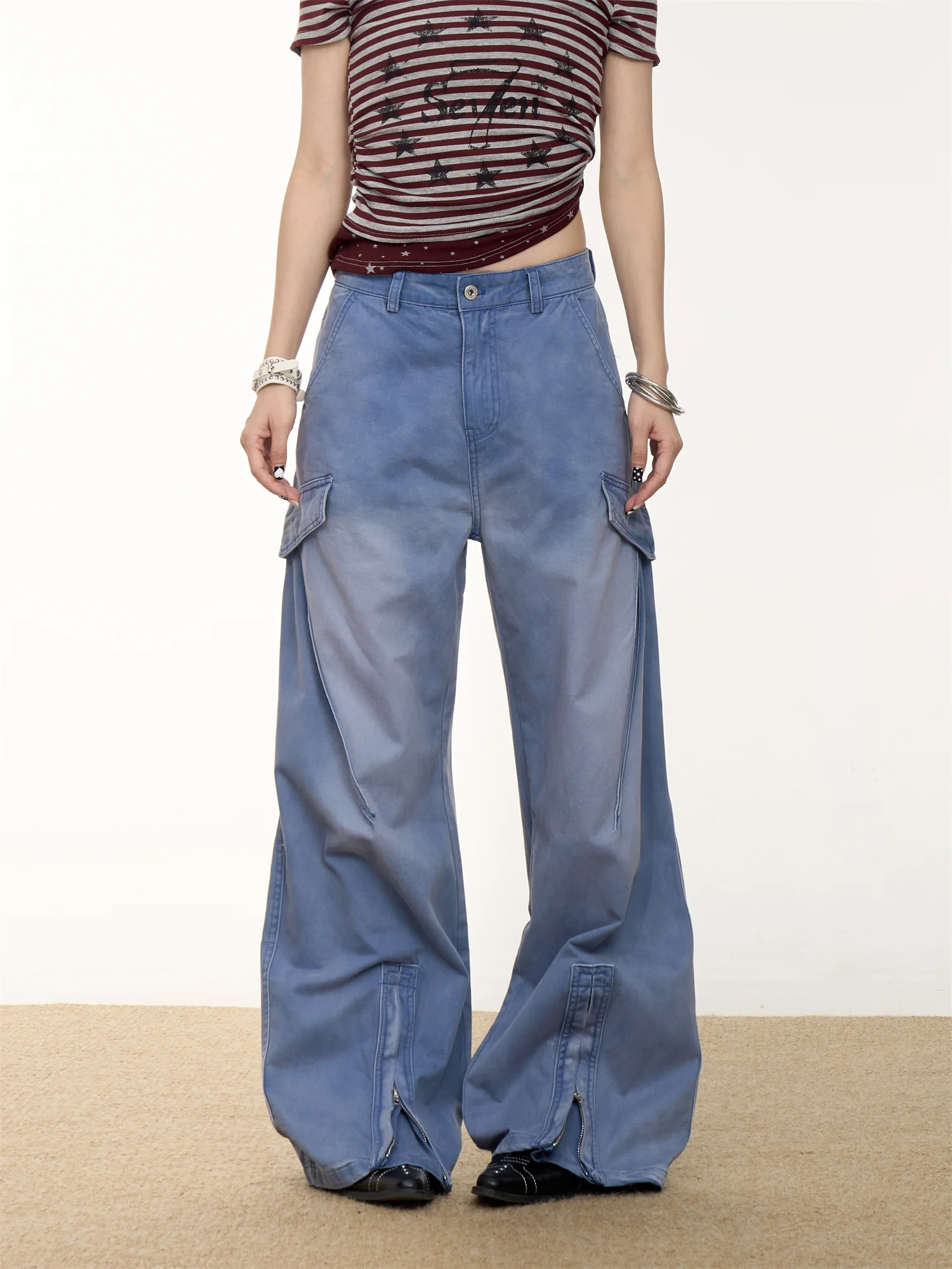 

American Retro Workwear Jeans Women's Loose Wide Leg Pants Multi-Pocket Design Drapey Long Trousers Summer Fashion Ladies