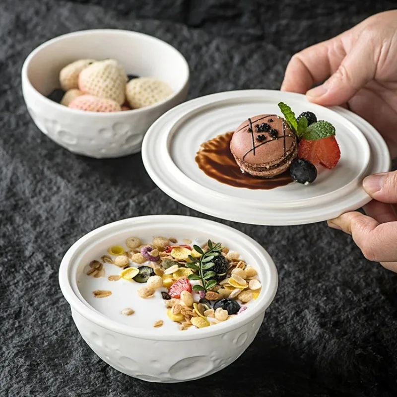 White Planet Meteorite-Shaped Breakfast Bowl Dessert Fruit Plate Simple Afternoon Tea Ceramic Cake Salad Bowl Hotel Tableware