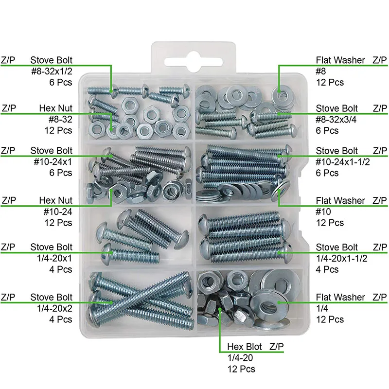 

108Pcs multitude of size Machine Screw and Hex Nut and Flat Washer #8 #10 Slotted Round Head Screw Kit Zinc-plated Steel