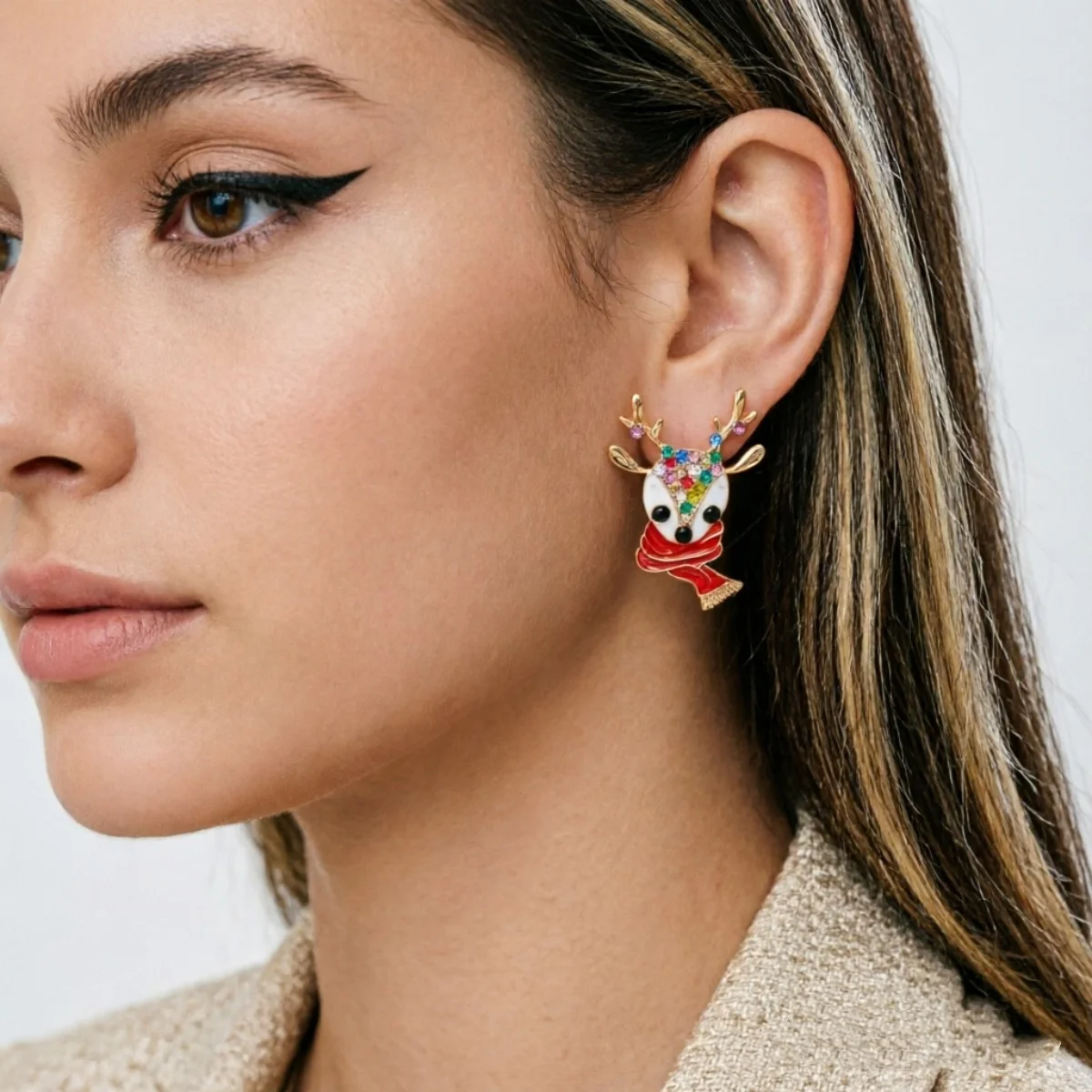 Weihnachtliche Zierliche Ohrringe mit Rotem Schal und Hirschmotiv für Damen, Bunte Strass-Rentier-Elch-Tier-Ohrringe, Neujahrs-Schmuck – Detail 16