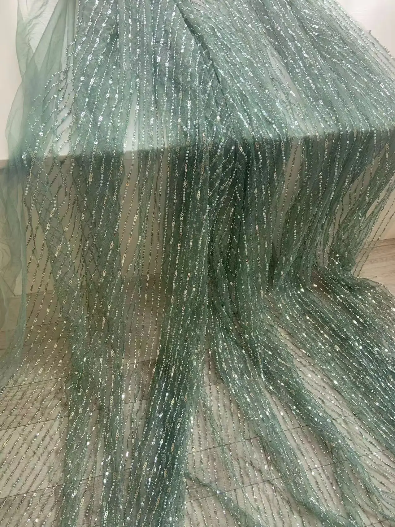 1 Yard Dark Green Heavy Lace Fabric Beaded Sequins Gauze for Ball Gown,Nigerian Wedding Dress