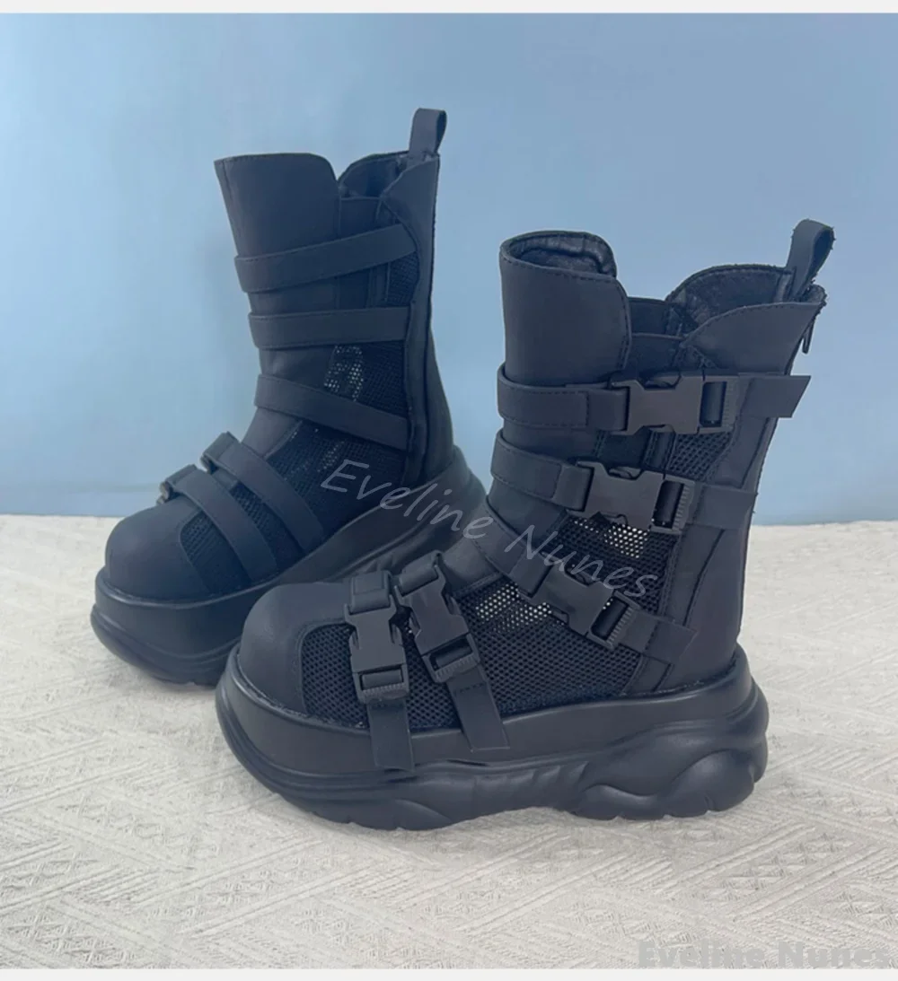 Platform Buckle Strap Motorcycle Boots Women Black Side Zipper Big Toe Mid Calf Boots 2025 New Punk Rock Style Hottie Work Boots