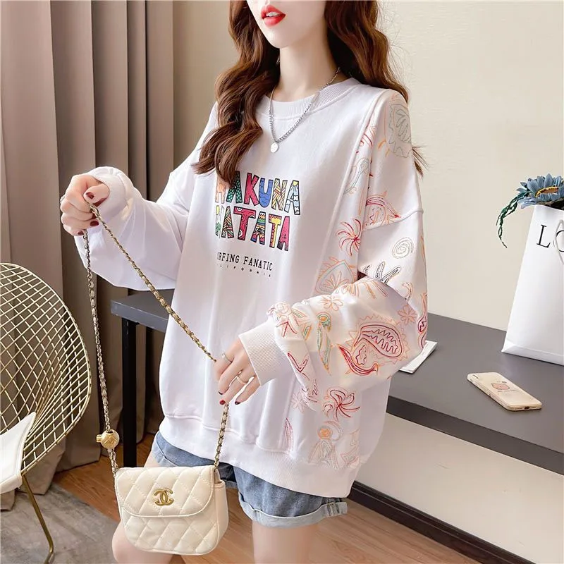 New Spring and Autumn Fashion Korean Edition Patchwork Printed Round Neck Loose Size Foreigner Slim Women\'s Long Sleeve Sweater