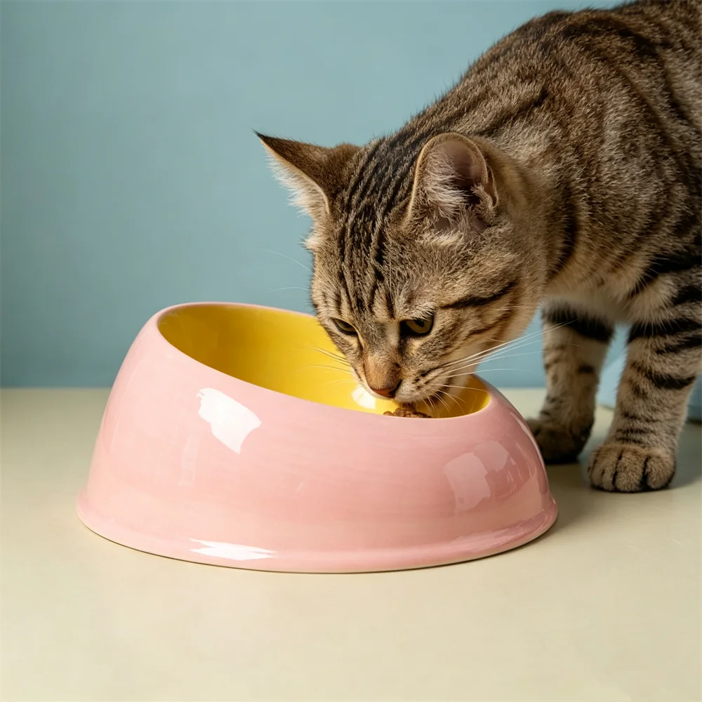 Ceramic Tilted Cat Bowl Macaron Color Pet Food Water Bowl Anti Black Chin Raised Feeding Dish for Kitten Small Dog