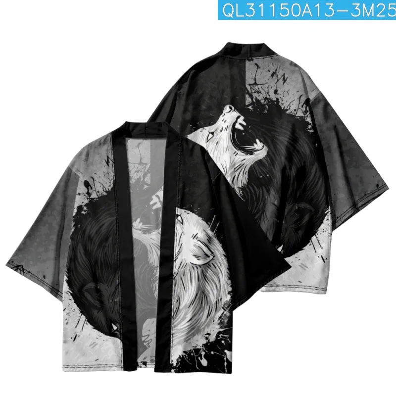 

Black White Wolf Splicing Printed Japanese Kimono Beach Shorts Yukata Shirt Haori Cardigan Cosplay Couple Men Women Streetwear