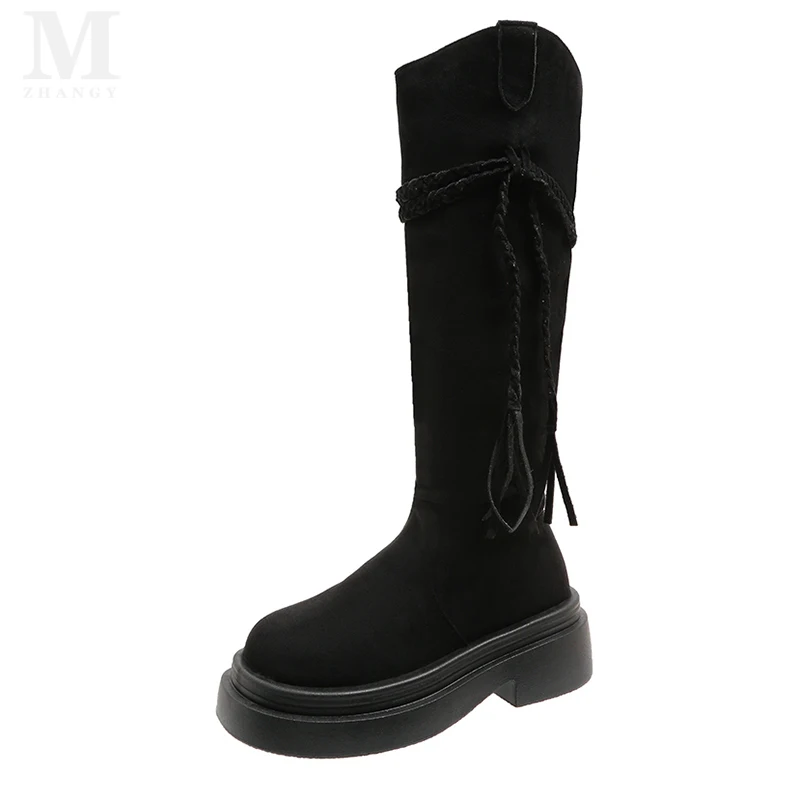 Botas de salto médio feminino de camurça, sapatos de plataforma, salto alto, gótico, casual, elegante, Chelsea, Designer, Tendência, Inverno, Moda, 2025