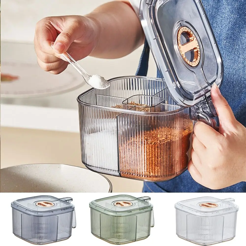 

Multipurpose Plastic 4 In 1 Seasoning Box Large Capacity with Spoon Condiment Container Sealed Spice Storage Box for Kitchen