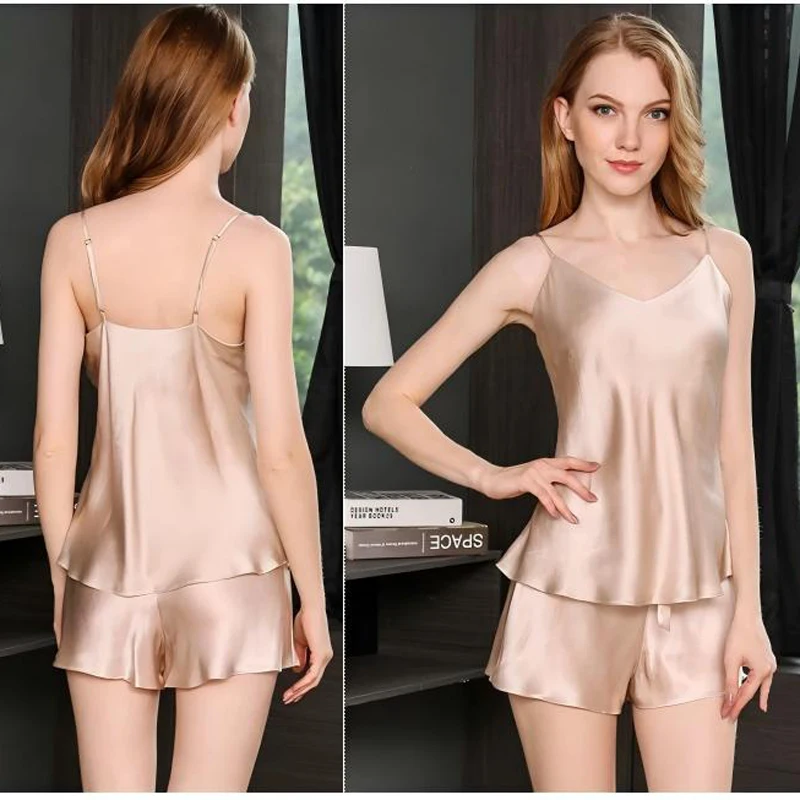 100% Mulberry Silk Pajamas for Women Summer Sexy Cami Shorts Set Sleepwear Loungewear Breathable Silk