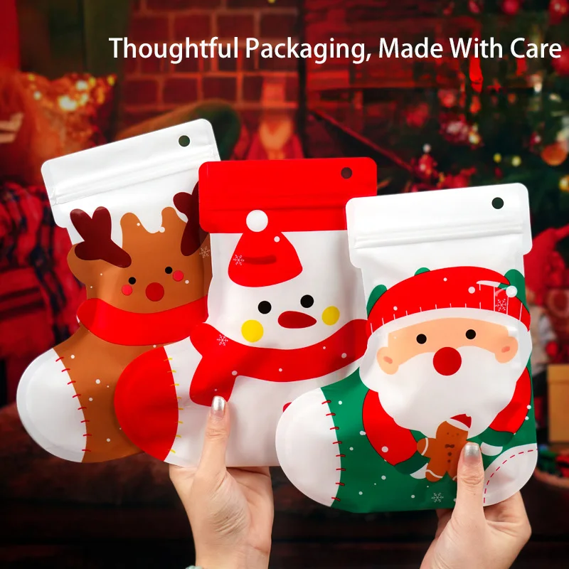 10pcs Christmas Stocking Gift Bag Cartoon Candy Packaging Pouches  Waterproof Reusable Kids Hanging Hole Holiday Party Favor
