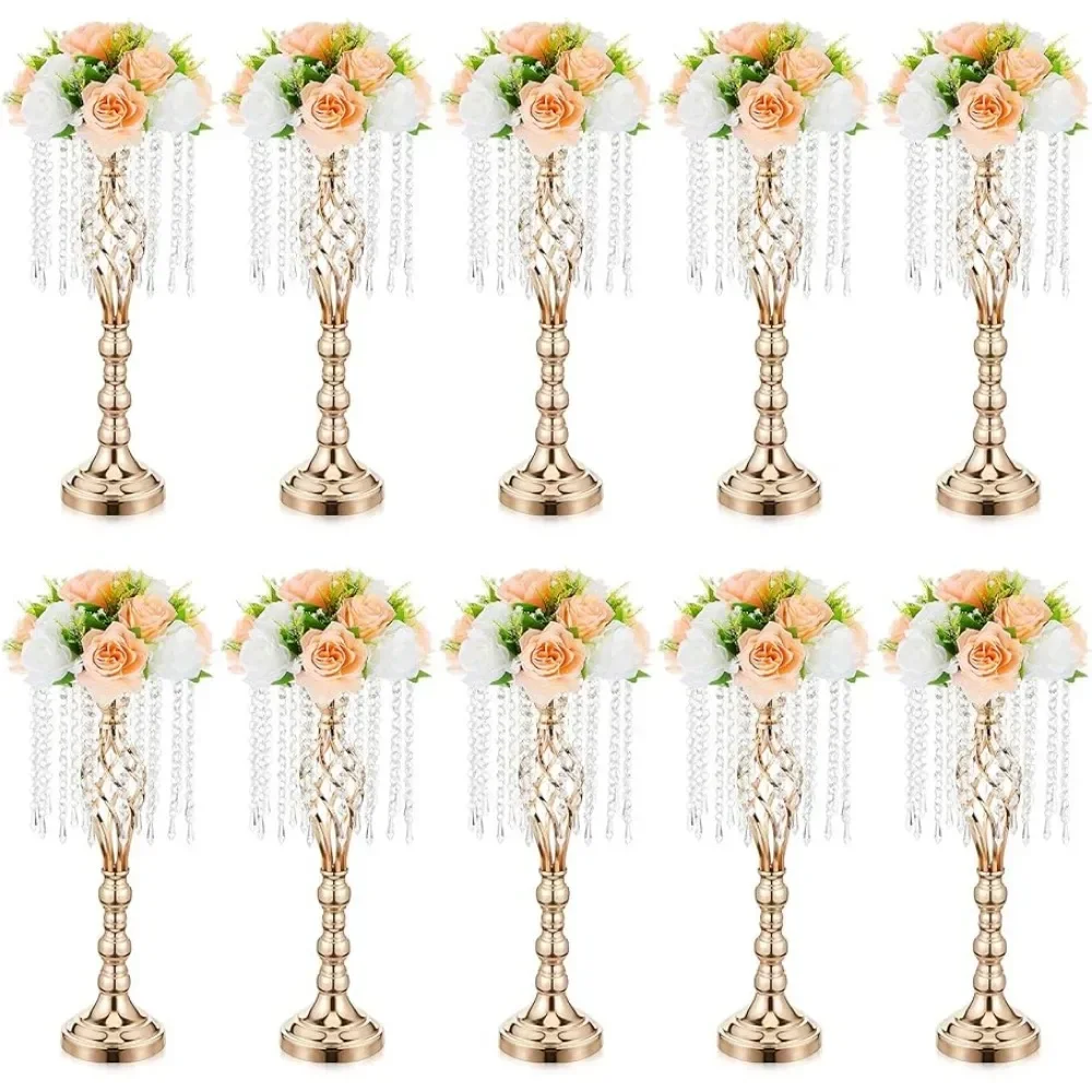 

Wedding Centerpiece Table Decorations - 10 Pcs Gold Vase for Centerpieces with Chandelier Crystals, 21.7in Tall Flower Vase