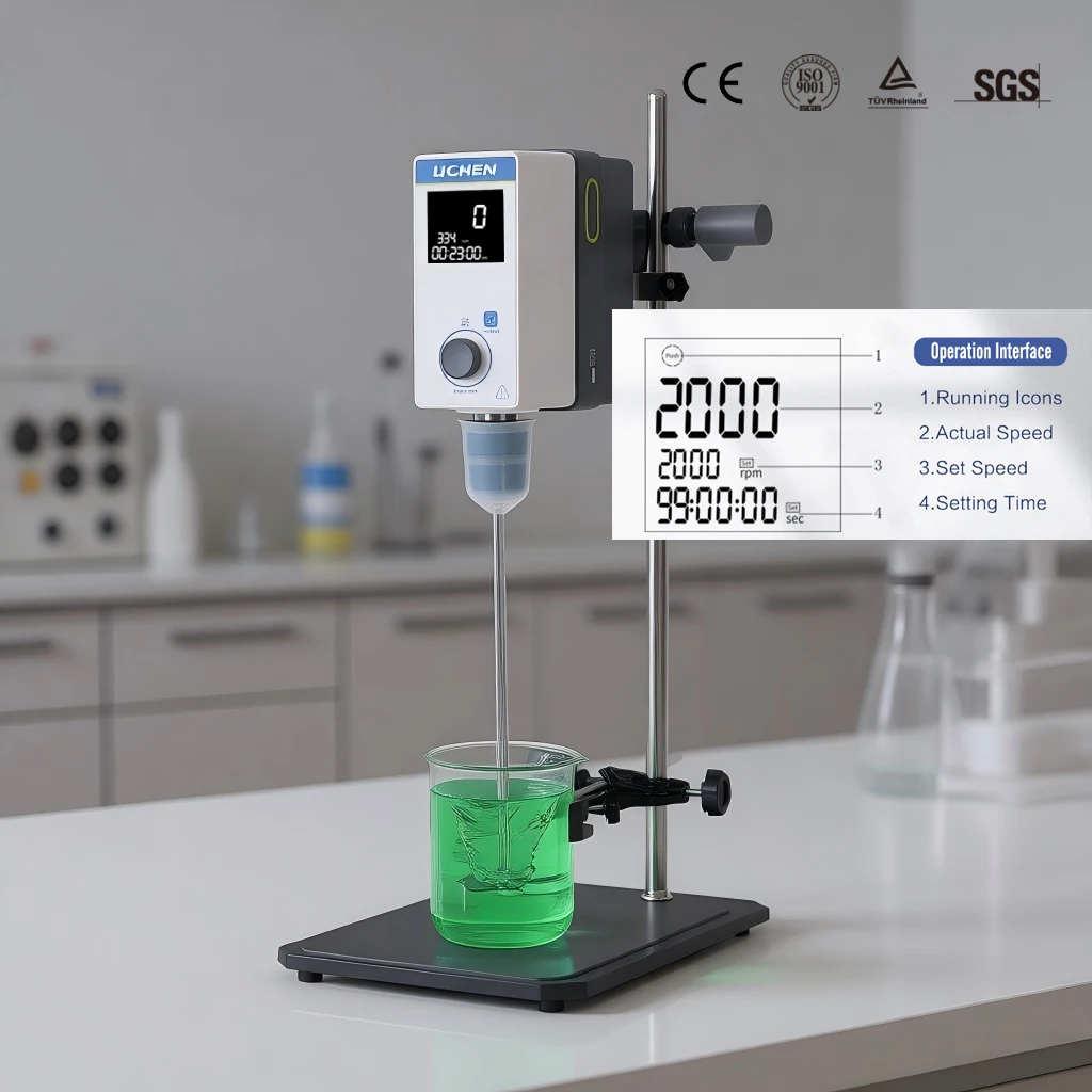 Top-mounted agitator, LCD controlled self-locking chuck, 50-2000rpm/60N · cm torque, laboratory mixing