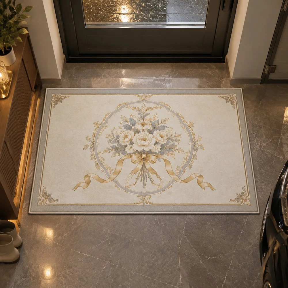 VIKAMA Floor Mat Moon White Gold Line Bouquet Ribbon Cozy Washable Walk In Closet Bathroom Hallway Bedside Home Decoration