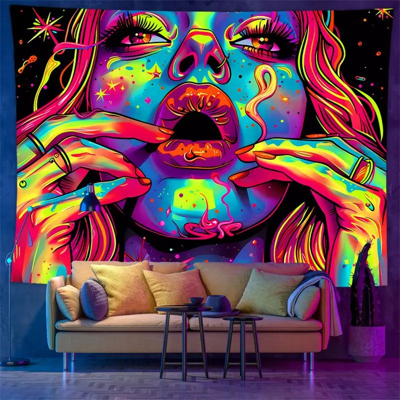 VIKAMA Neon Portrait Starry Sky Tapestry, Glowing Wall Hanging Background Cloth for Cyberpunk Living Room Decor