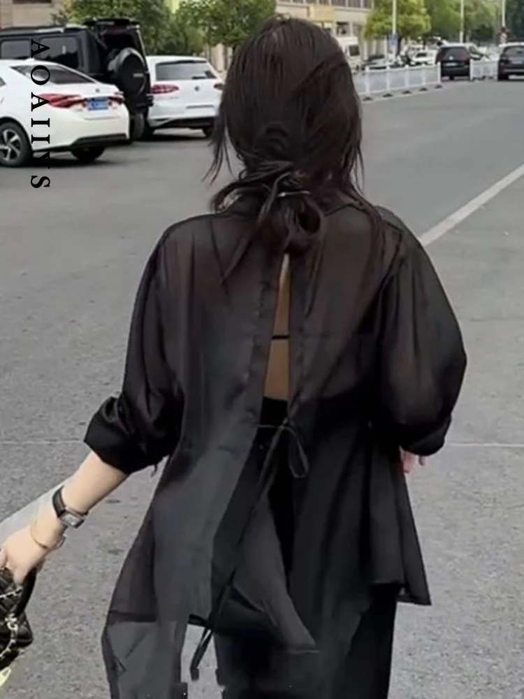 Aoaiiys Black Shirts Women Chiffon Back Slit Cut Lace Up Tops Spring Summer 2026 New Turn-down Collar See Through Thin Blouse