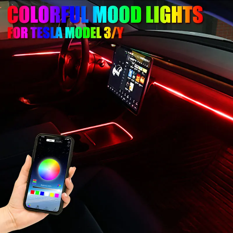 

Car Ambient RGB LED Decoration Atmosphere Light Interior Acrylic Strip Light Center Console Dashboard Lights For Tesla Model 3 Y