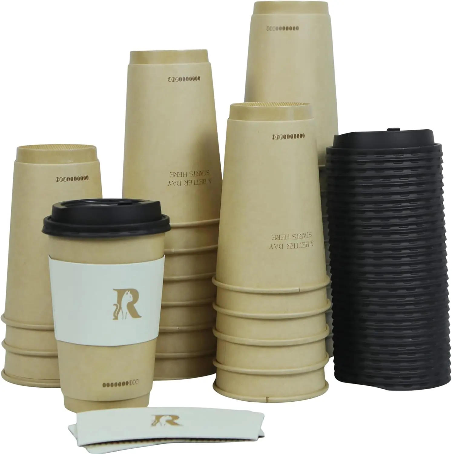 

16oz Disposable Paper Cups with Lids & Sleeves – Hot & Cold Drink Cups for Coffee, Tea & Other Drinks, 100 Pack (Kraft