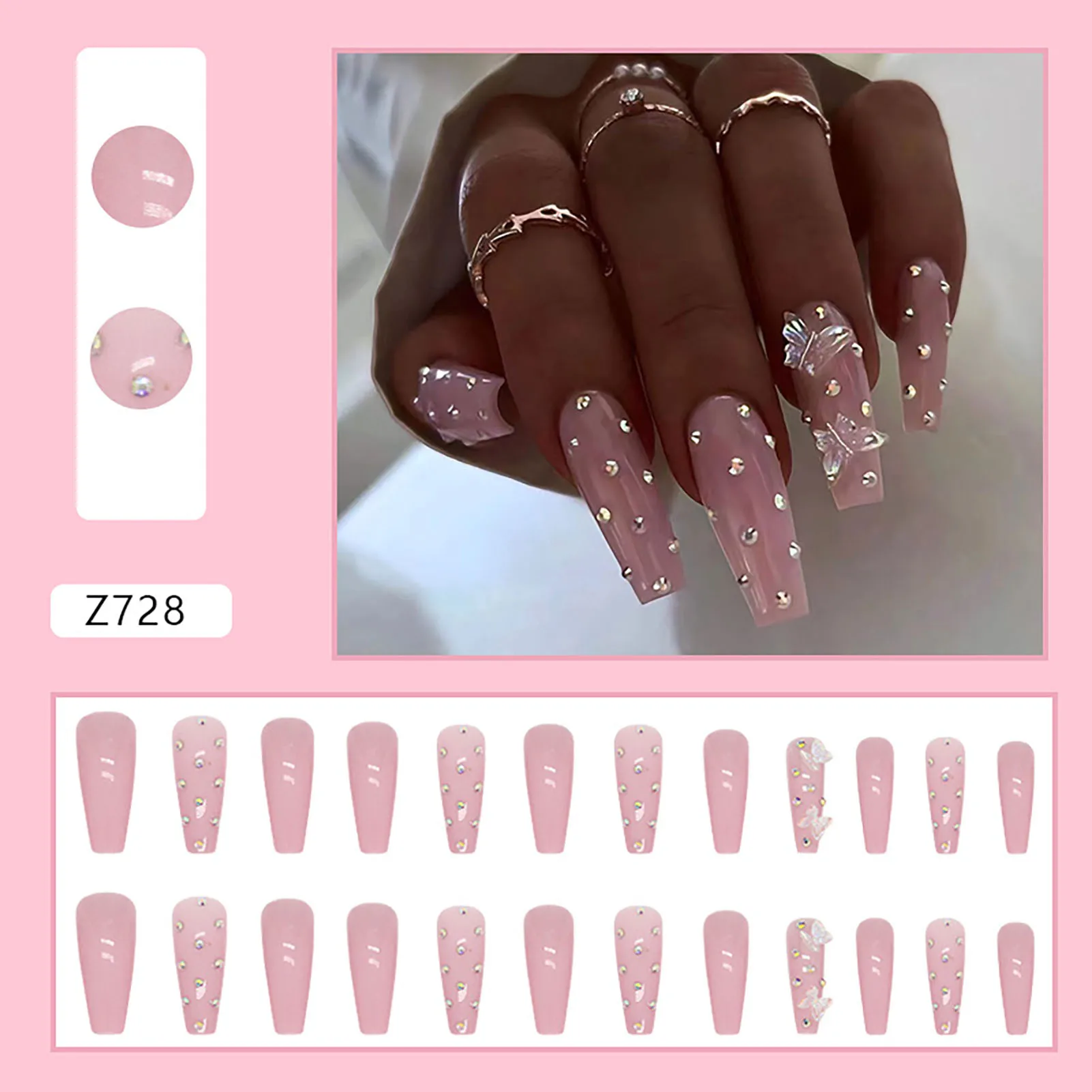 Long Ballerina Glossy Press-on Nail Easy Removal False Nail with Rhinestones for Nail Art Manicure Decoration