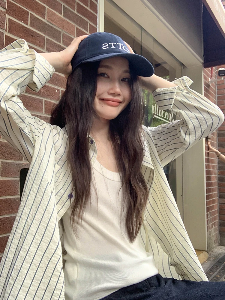 

Mixd Faion Korean Sle Striped Long Sve irt Jaet Women's Spring New Super Beautiful Personali Blouse Korean Top