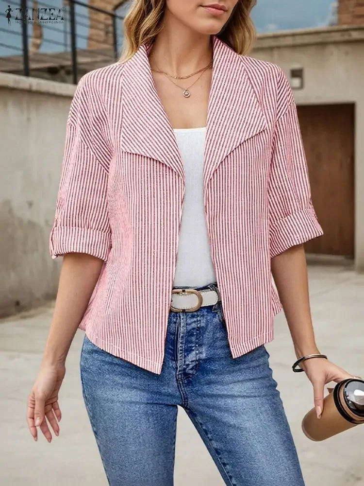 سترة عصرية مخططة من ZANZEA لخريف 2025 بأكمام طويلة بدلات أنيقة للمكتب للسيدات قميص معطف فضفاض غير رسمي ملابس الشارع