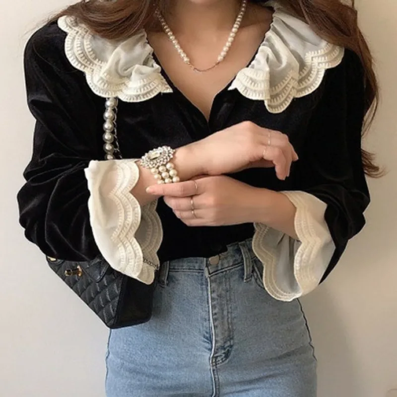 Lace Peter Pan Collar 2024 Woman Shirts & Blouses Velvet Blusas Flare Long Sleeve Camisas Niche Ropa Mujer Spring Autumn Tops