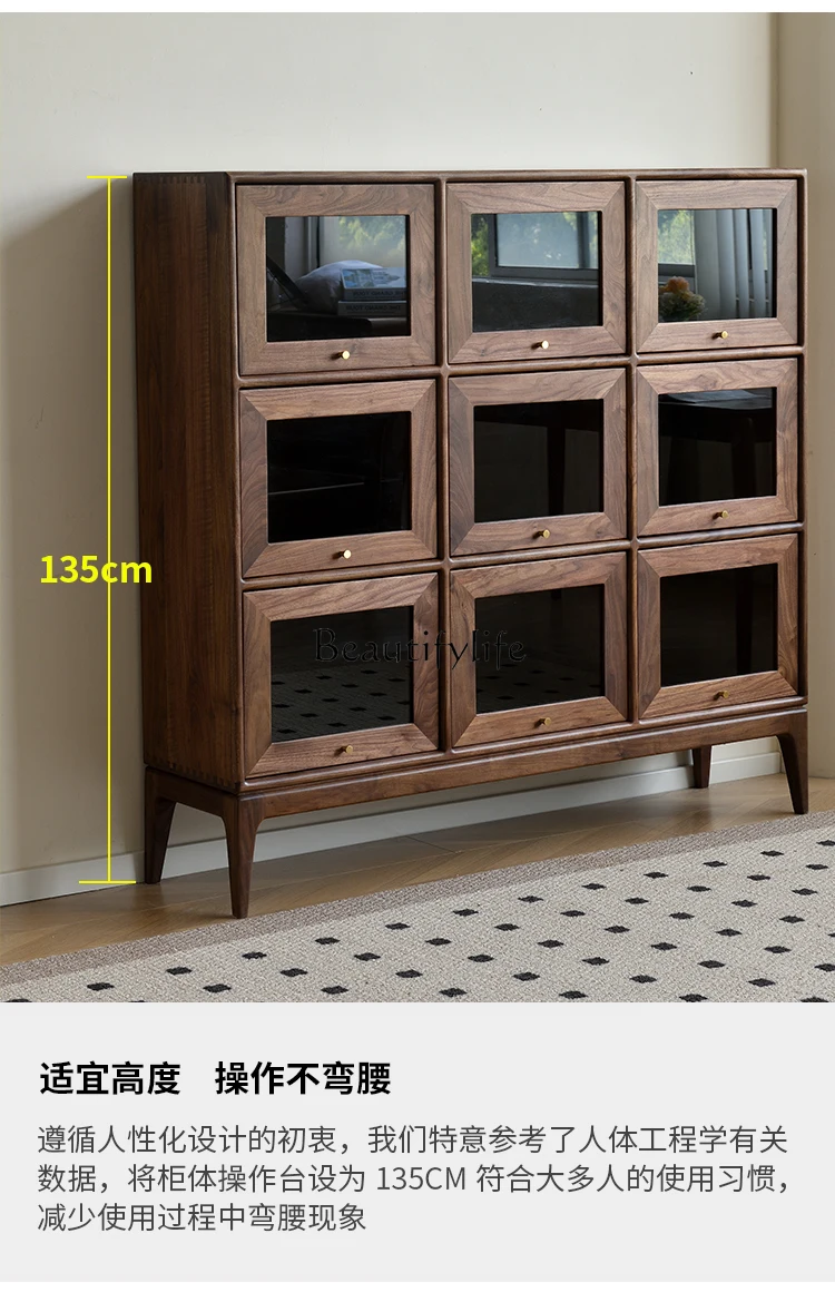 Solid Wood Retro Living Room Glass Flip Cabinet Combination Storage North American Hand-Made Display Sideboard Cabinet