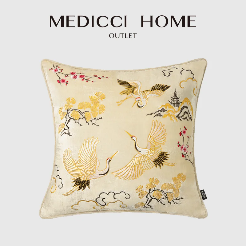 Medicci Home Eastern Luxury Decorative Pillow Covers Crane And Auspicious Could Themed Cushion Case Quaint Elegant Home Decor