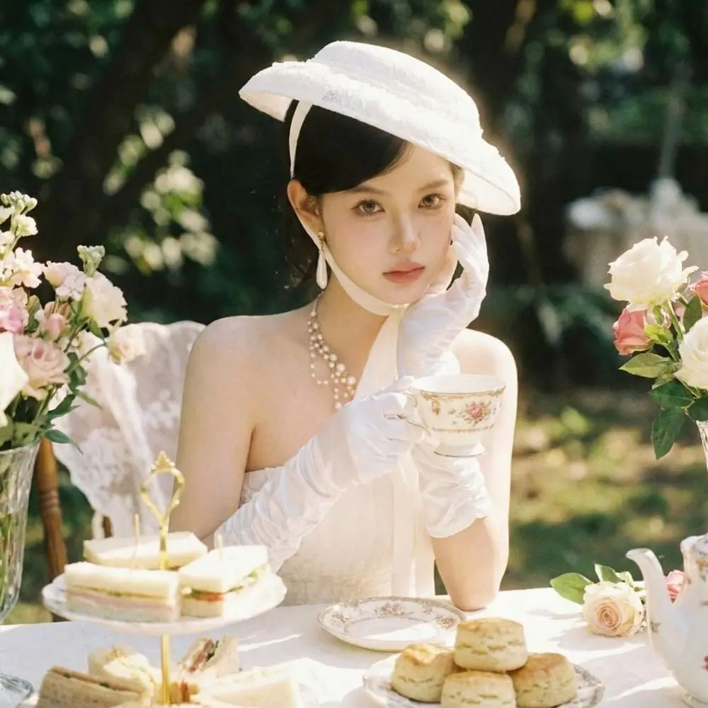 

Retro White Lace Tied Topper Hat Thin Sunscreen Lace Bonnet Hat Flat-top Elegant Hepburn Style Formal Hat Women