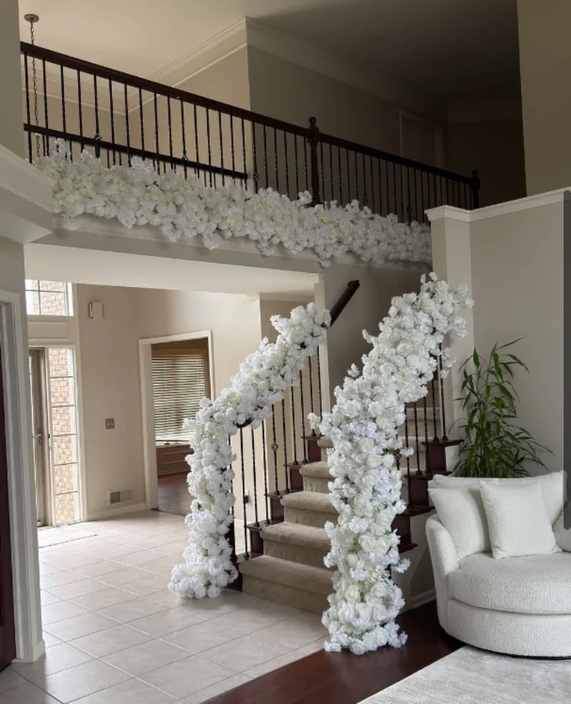 A7588 White Artificial Rose Cherry Blossom Arch Decor Hang Flower Row Wedding Backdrop Wall 5D Floral Arrangement Window Display