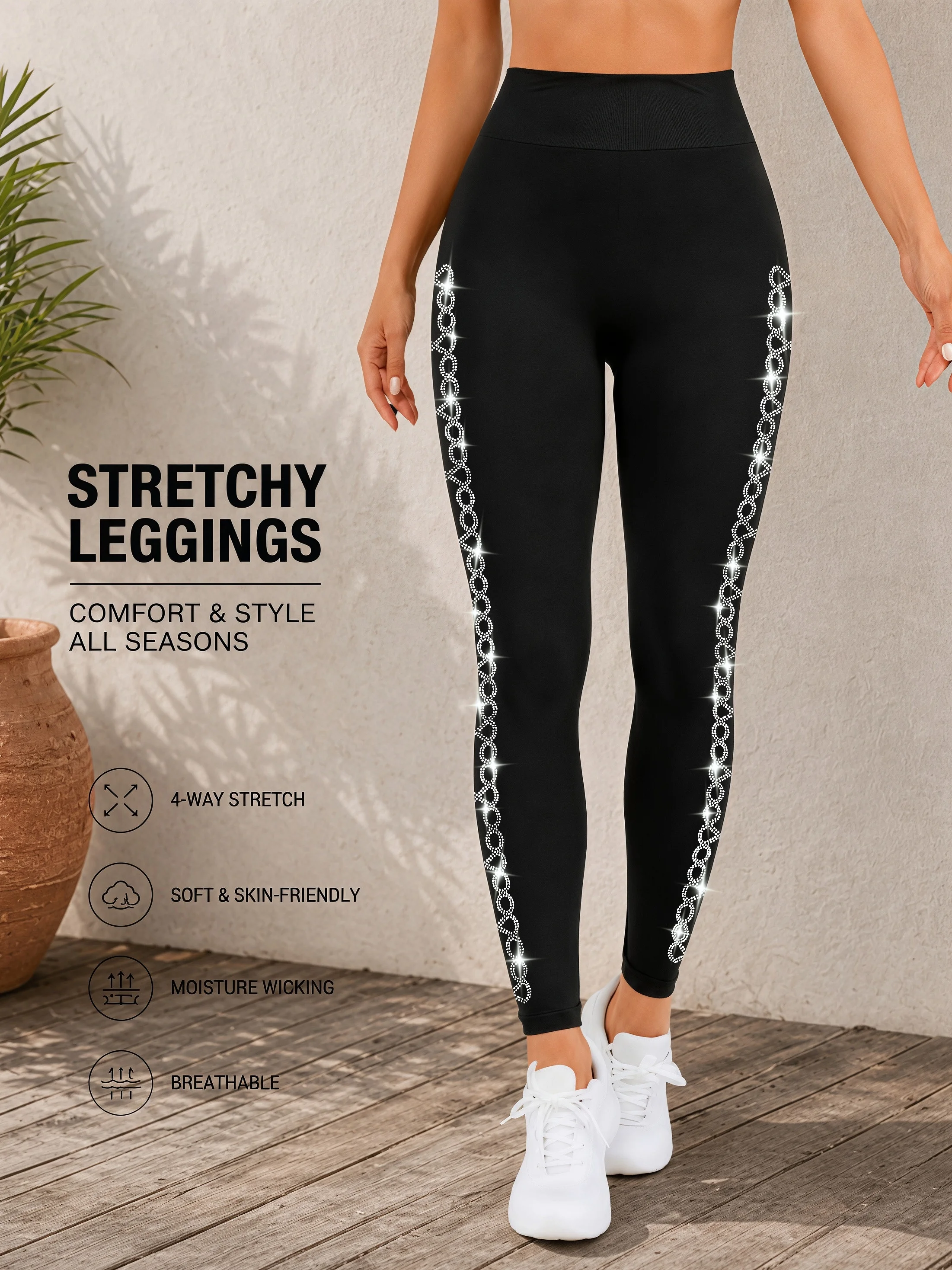 Damen-Leggings mit seitlicher Doppelketten-Strassverzierung, Trendige Hochelastische Hosen für Yoga, Cardio-Workout, Urlaub und Ausflüge – Detail 4