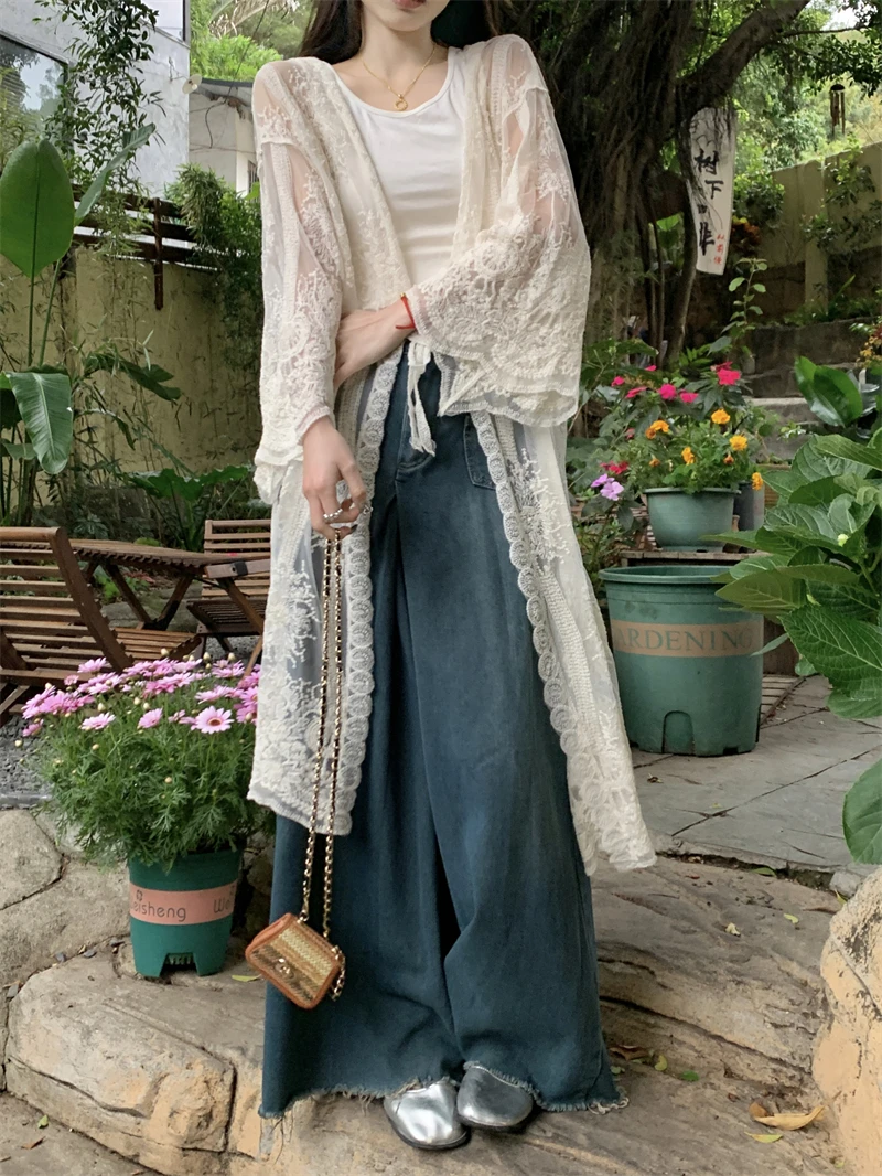 LACE-Up Beige ลูกไม้กิโมโนเสื้อสเวตเตอร์ถักผู้หญิงฤดูร้อนแขนยาว SHEER เย็บปักถักร้อยตาข่ายบางเสื้อ Holiday Beach Boho COVER-Up