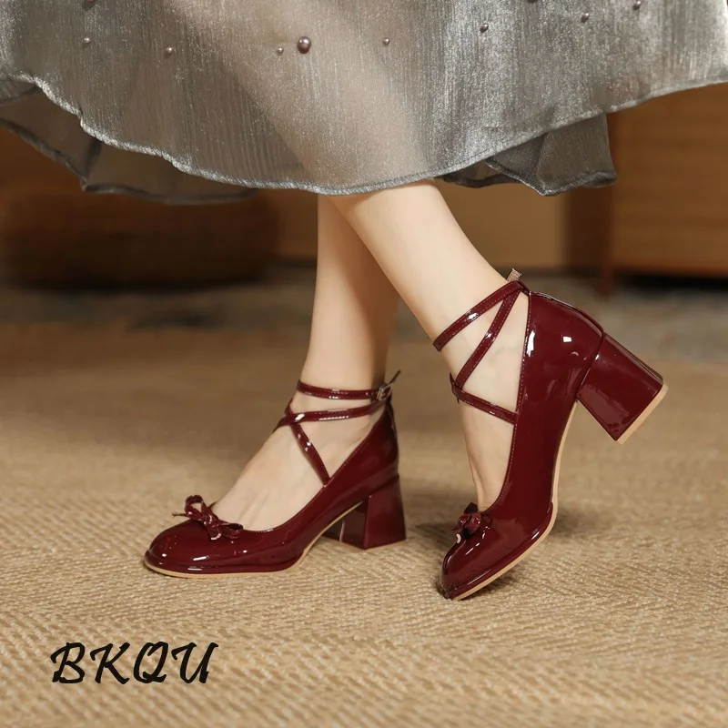 

BKQU Women's Small Leather Shoes 2024 New Bow High Heel Single Shoes Gentle Cross Wedding Red Chunky JK Mary Jane Shoes Lolita