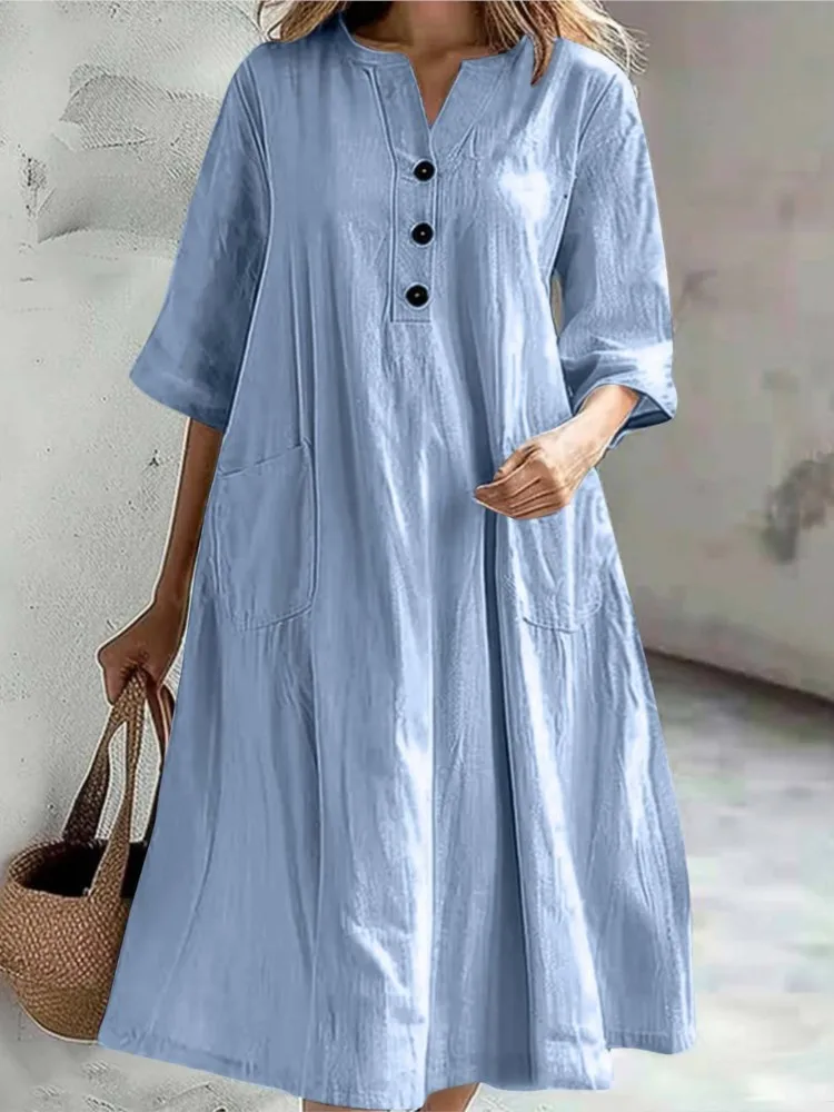 

New Solid Color Comfortable Casual Dresses 2026 New Women Half Sleeve Loose Dress Gown Female Double Pocket Patchwork Frock