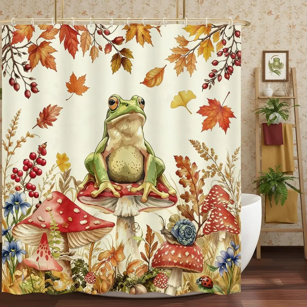 Whimsical Woodland Frog Toadstool Mushroom Autumn Fall Pattern Shower Curtain Waterproof Bathroom Decor  180x180cm