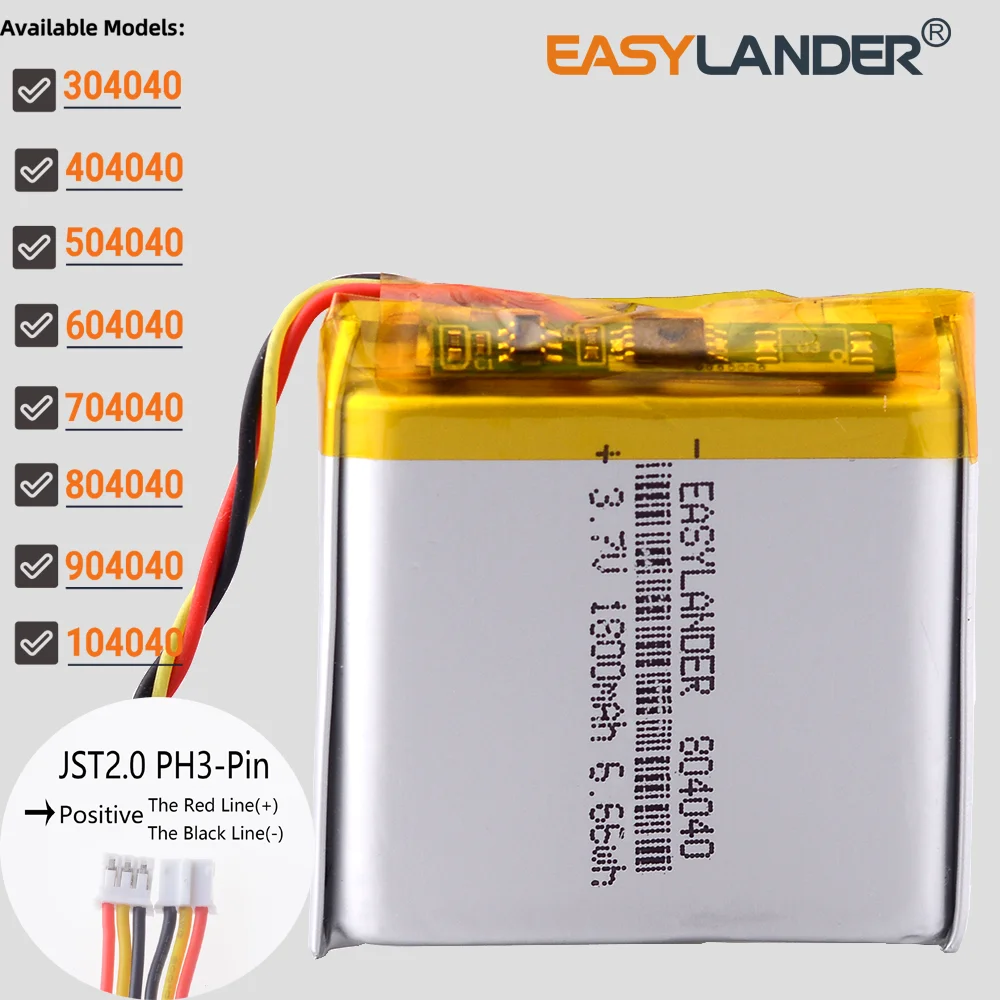 

JST2.0mm 3Pin 604040 304040 404040 504040 704040 804040 904040 104040 3.7V 1000mAh Lithium li Polymer Li-ion Battery