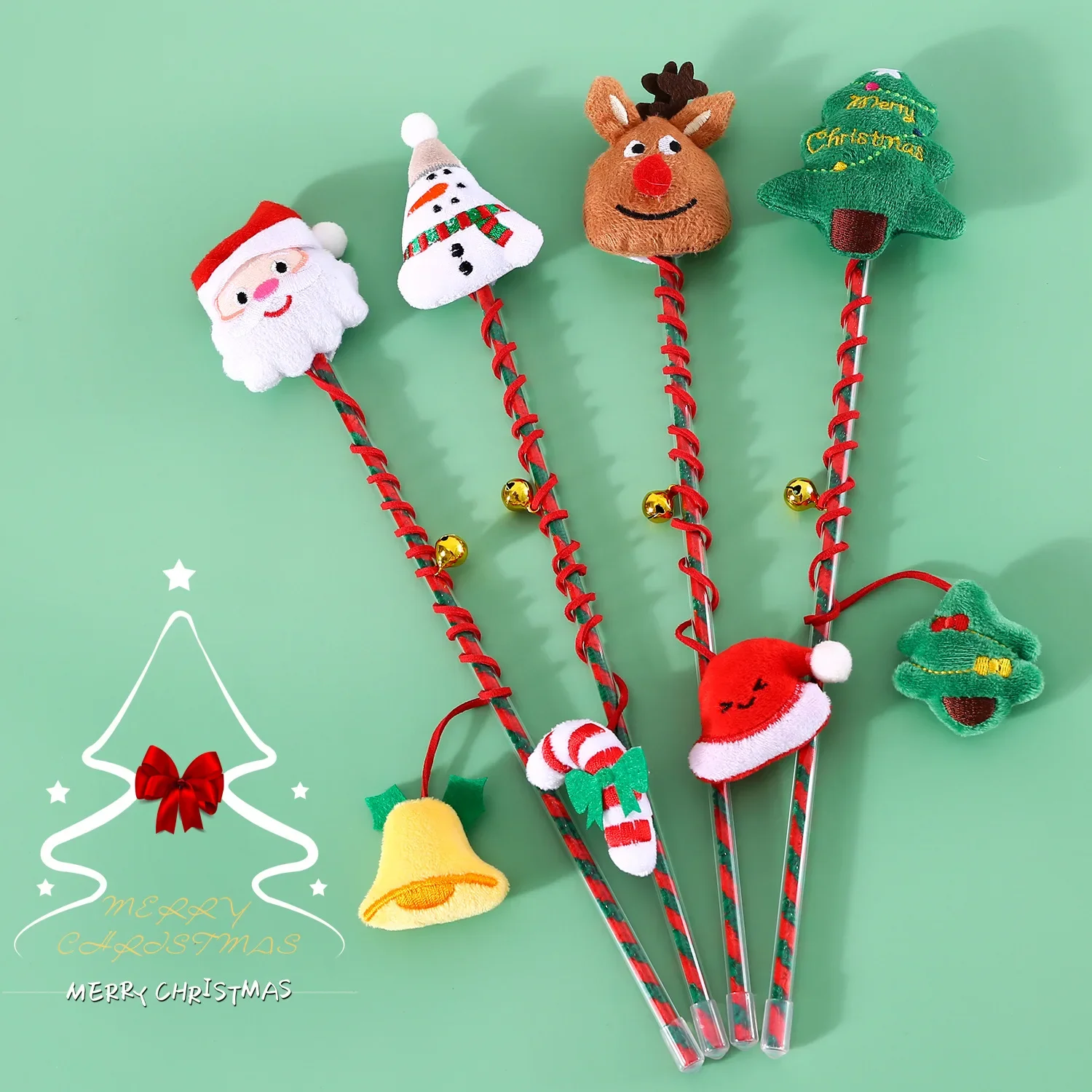 2025 Plush Cartoon Christmas Teasing Cat Stick Bell Snowman Deer Voice Interaction Pet Cat Training Toy Pole Cat Christmas Gift