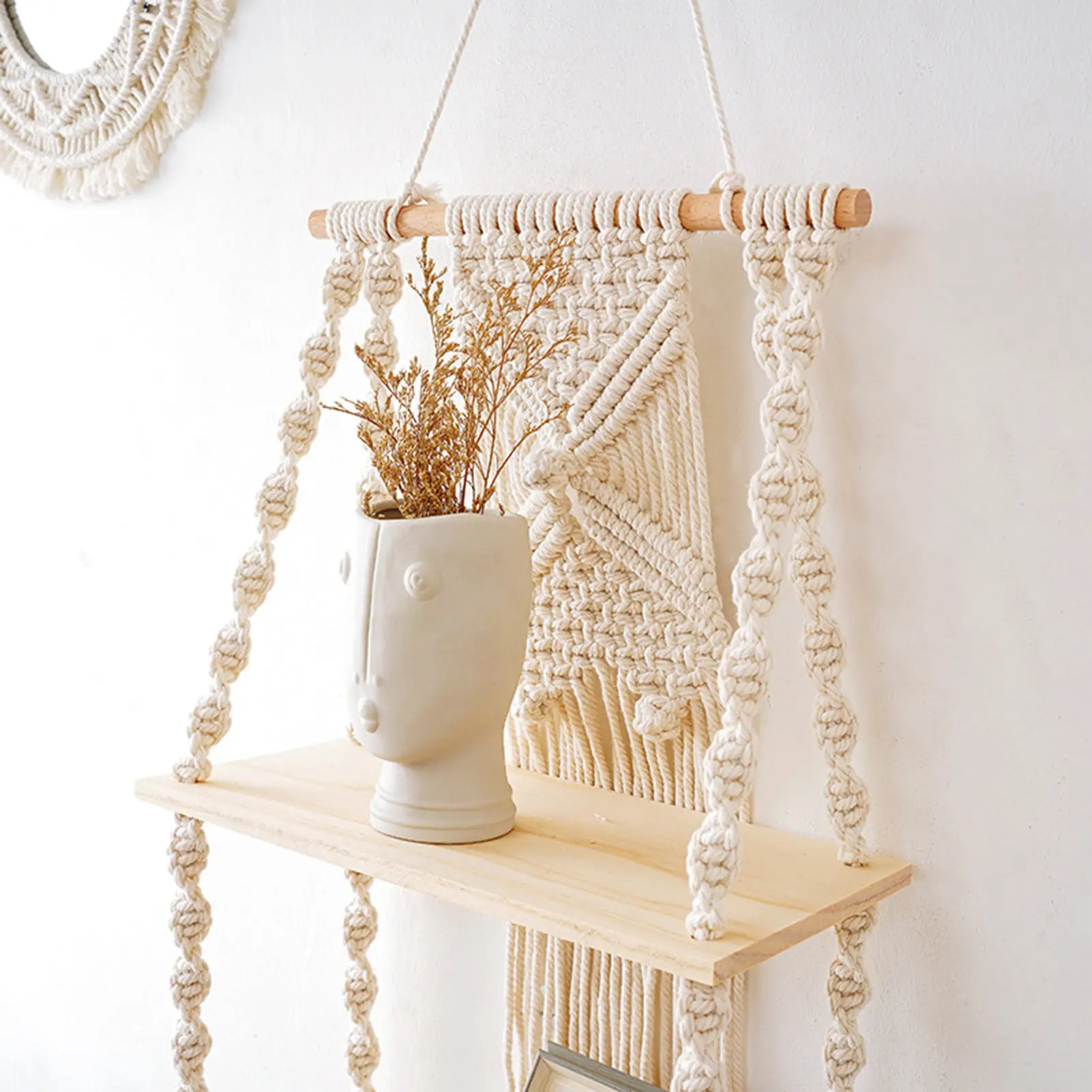 2 Tier Macrame Wall Hanging Floating Shelf Natural Cotton Rope Boho Home Decor Wooden Wall Shelf Candle Holder Floating Shelves