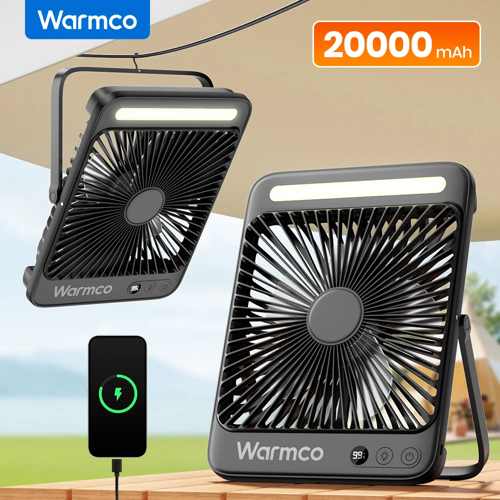 

Warmco Portable Desk Fan Rechargeable 20000mAh Camping Fan with Light 48H Quiet 8"Silent Personal Fan Digital Display for Home